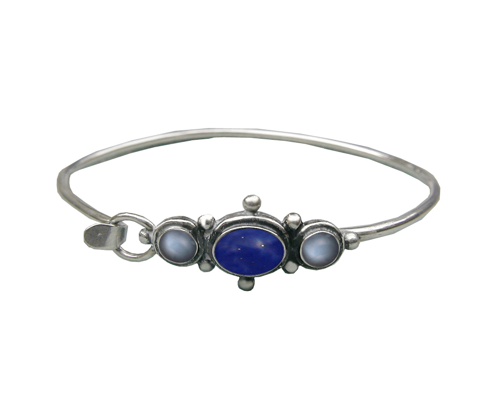 Sterling Silver Strap Latch Spring Hook Bangle Bracelet Lapis Lazuli And Grey Moonstone